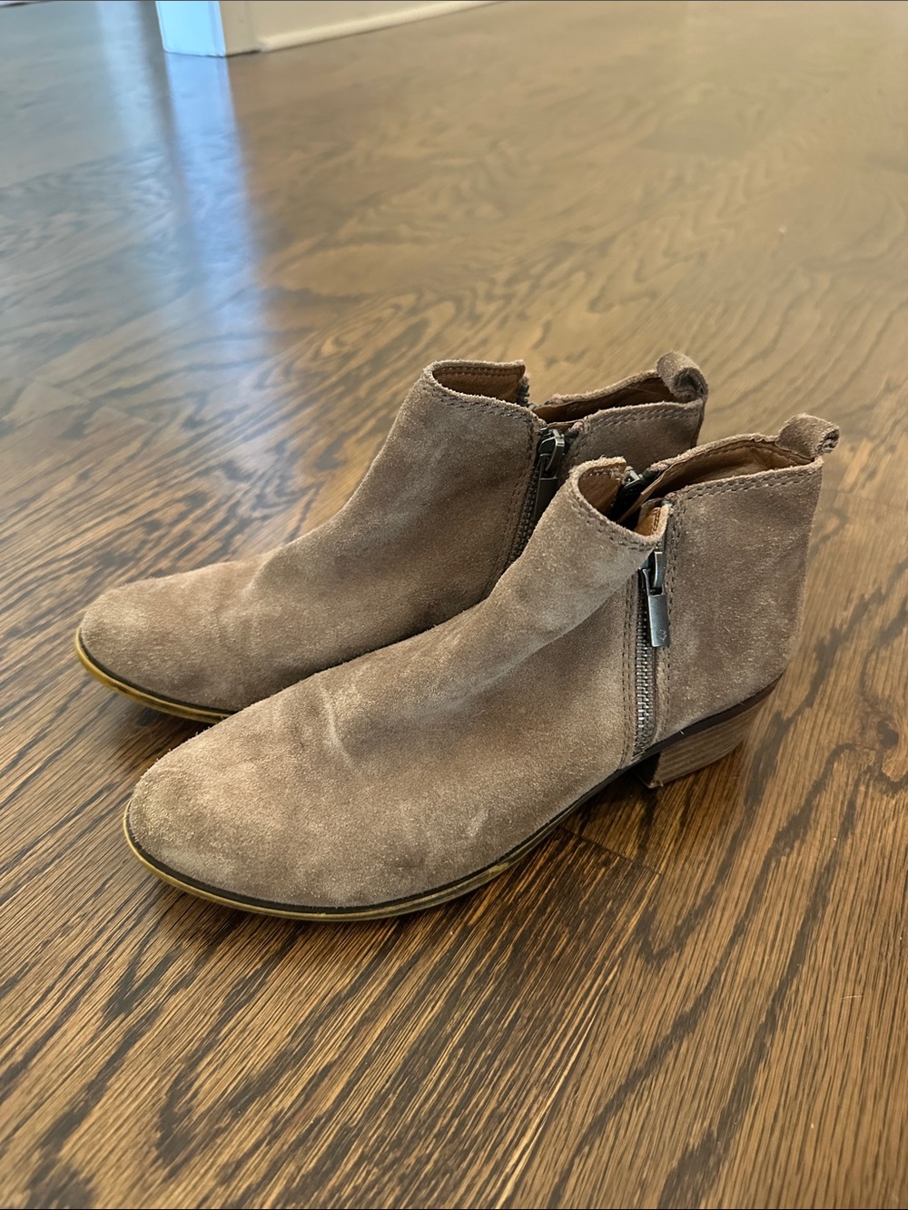 Lucky Brand Taupe Suede Chukka Ankle Boots with Side Zip